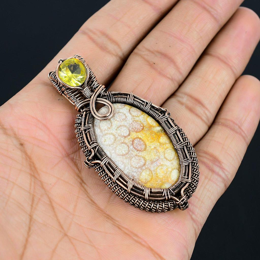 Amazing Fossil Coral & Citrine Gemstone Handmade Pure Copper Wire Wrap Jewelry Pendant