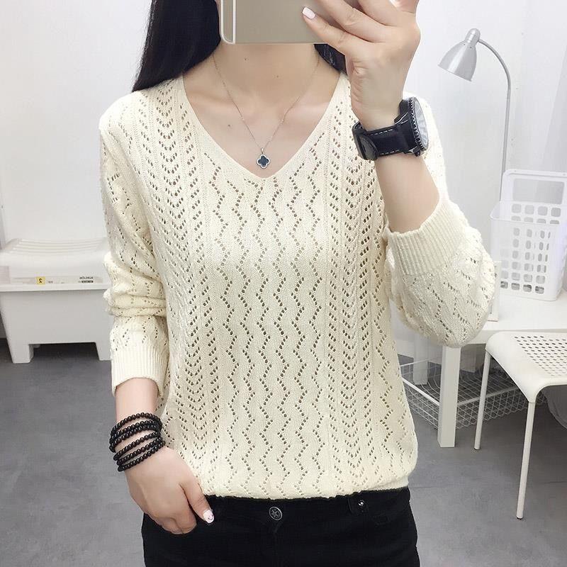 Dámský jarní a podzimní svetr s výstřihem do V, s dlouhým rukávem, volný pulovr, všestranný pletený top, základní vrstva