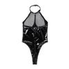 Women Honeymoon Bodysuit Fishnet Faux Leather Patchwork Off Shoulder Bodycon Chain Decor Open Crotch