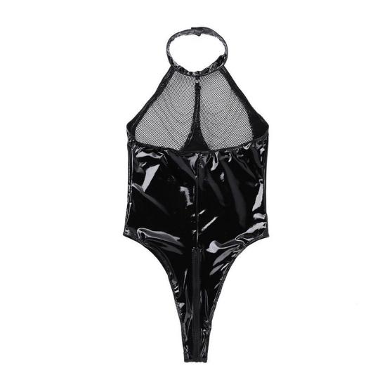 Women Honeymoon Bodysuit Fishnet Faux Leather Patchwork Off Shoulder Bodycon Chain Decor Open Crotch