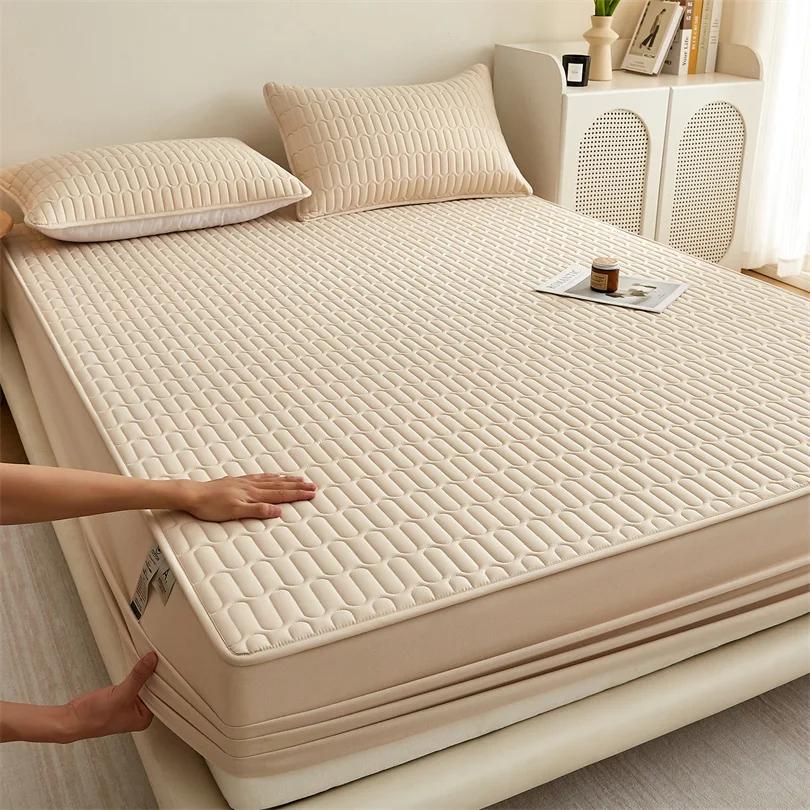 1 PC Waterproof Bedcover Fitted Sheet Bed Mattress Cover Thickened Quilted Soft Comfortable Breathable Solid Color Bedding Mattress Cover