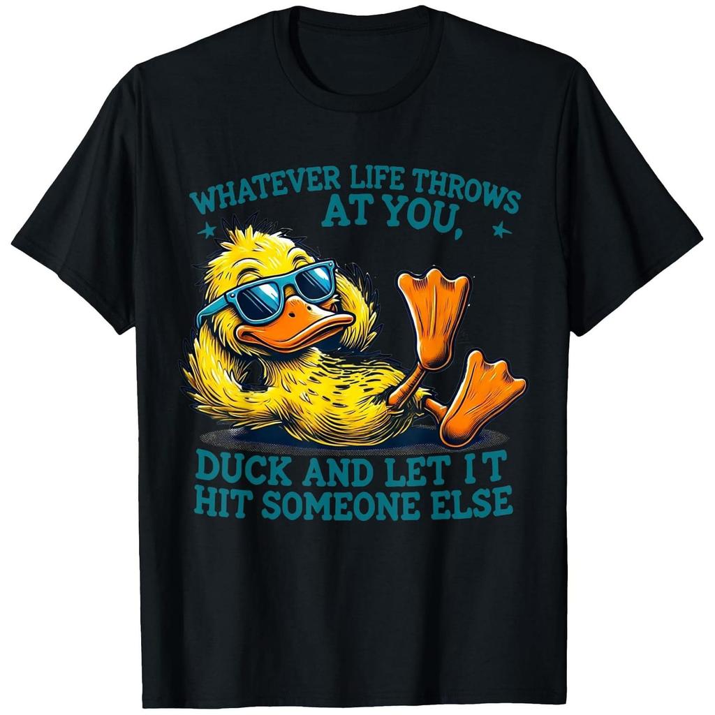 Black Casual Short Sleeved Tshirt With Humorous Duck Pattern And The Phrase Let It Strike Others Suitable For Casual Wear