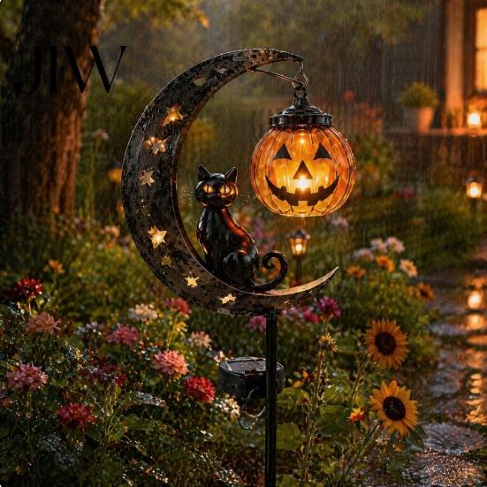 Festliche Halloween-Atmosphäre Licht Schwarze Katze Mond Pfahllicht, Solar Metall Kürbis Laterne mit Dekorativen Lichtern für Garten Warmes Leuchten, Gruselig