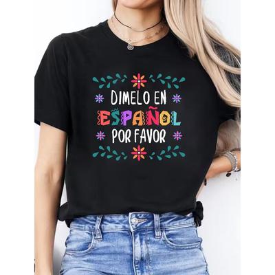 Damski Casualowy T-shirt z Okrągłym Dekoltem i Krótkim Rękawem - Nadruk Litery Hiszpańskiej "DIMENO EN ESPAÑOL POR FAVOR", Lekki i Oddychający Materiał,