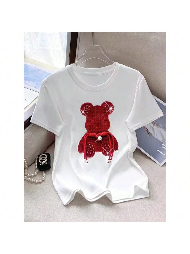 Buckle Pink Bear Beading T-Shirt Heavy Handmade Diomand Shiny Bowknot Embroidery T Shirt Summer Tees Top Accessories Clothes