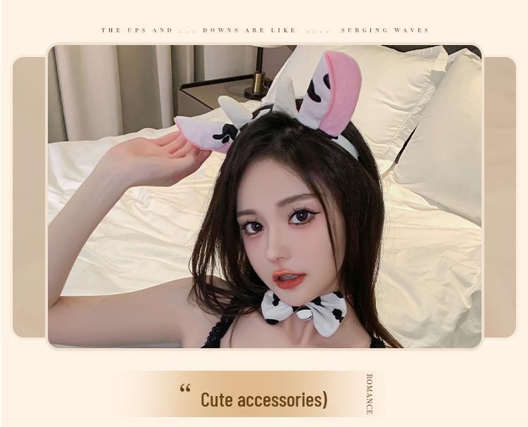 Black Temptation Cow Print Lingerie Set: Silk Bodysuit & Stockings