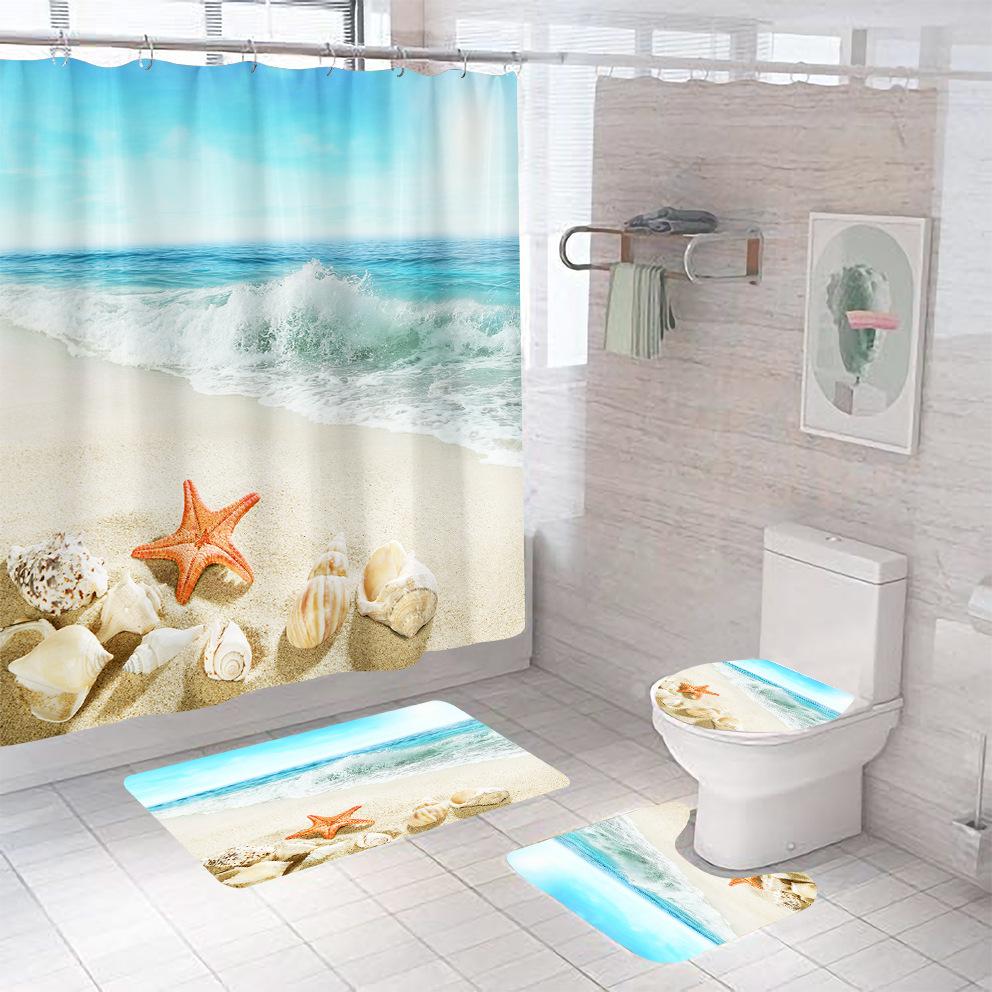 Bathroom Shower Curtain Four-piece Digital Printing Beach Shell Waterproof Shower Curtain Shower Curtain Partition Curtain Bath Mat