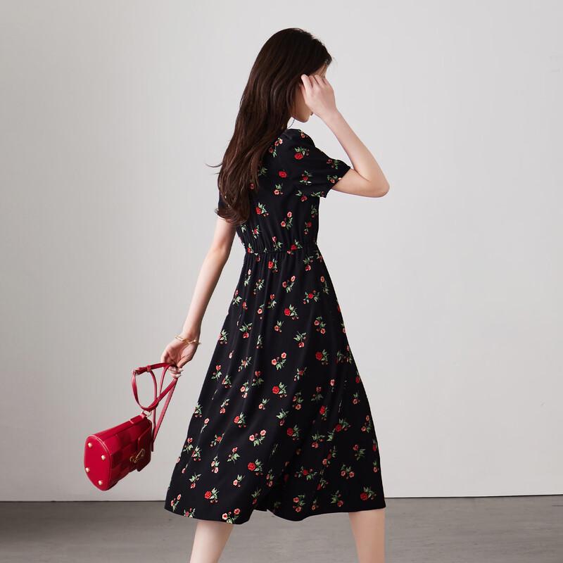 SOFSIL Französisches Romantisches Schwarzes Blumen-V-Ausschnitt-Midikleid