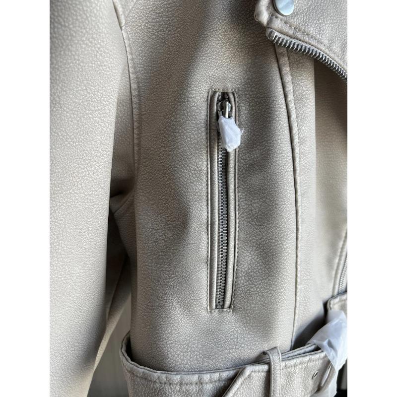 Kurtka Biker ze Sztucznej Skóry Klapy Zamek Dekoracja Luźny Krój Krótki Damski Płaszcz ze Sztucznej Skóry