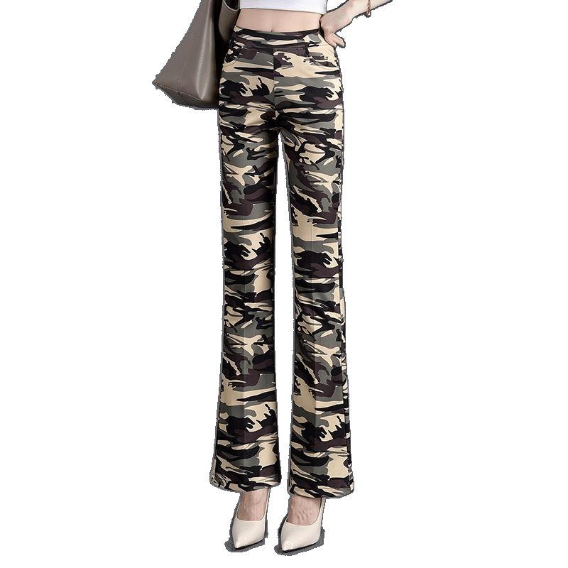 Women's Camouflage Army Green Micro-Flare Pants - Slim Fit, Plus Size, Versatile, Casual, Summer Style