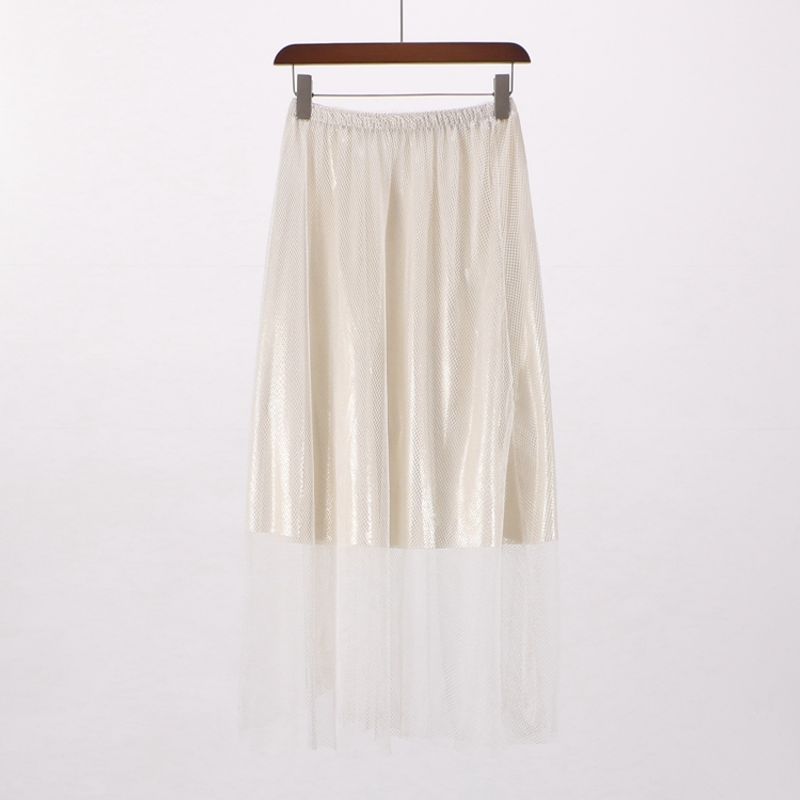 

[WM] Pinshangtuan Discount European and American All-Matching Women s Spring Mesh Elastic Waist A- line Skirt Long Skirt 0e207 Beige White Free size (dirty)