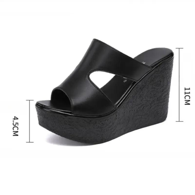 Sapatos de Verão Femininos da Moda Chinelos de Plataforma Anabela da Moda Sandálias de Salto Alto de 10cm para Mulheres Sandálias Casuais de Couro Sandalias De Mujer