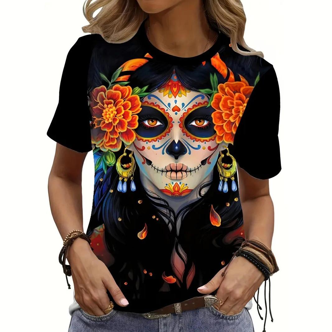 

Жіноча повсякденна футболка зі скелетним принтом і круглим вирізом, літня футболка з коротким рукавом, жіночий одяг великого розміру, модний вуличний пуловер XS