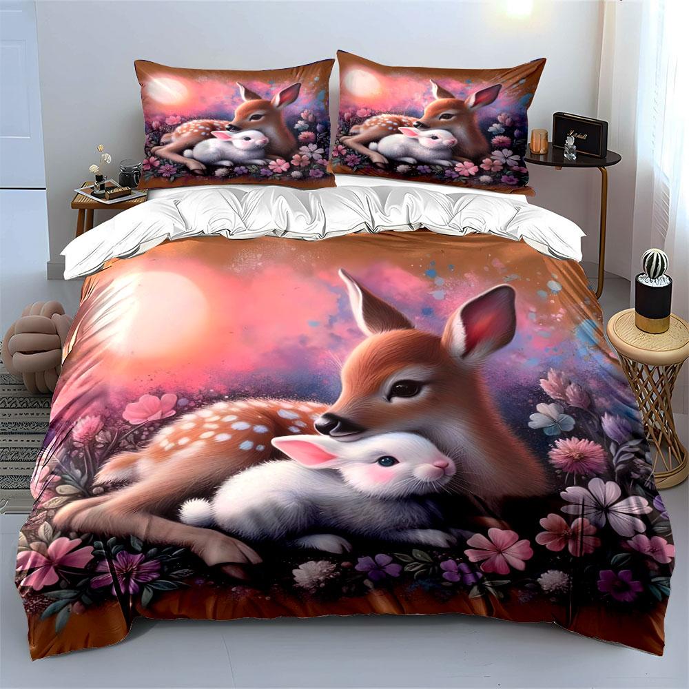 Deer and Rabbit Floral Scene Bedding Duvet Cover Set  (1*Duvet Cover 2*Pillowcases, without duvet insert)
