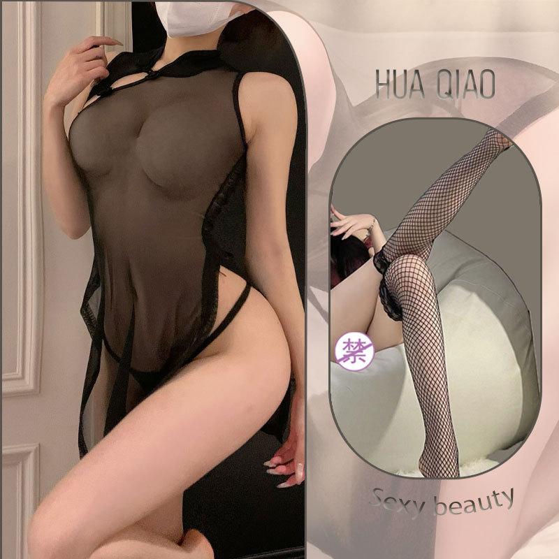 Sex underwear retro sexy cheongsam hollow chest mesh see-through nightdress women flirting sex underwear transparent