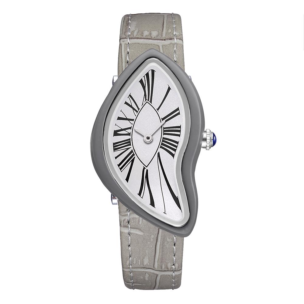 Dali Schmelzende Verzerrte Uhr Unregelmäßiges Römisches Zifferblatt Schwarzes Echtes Lederarmband Surrealistische Kunst Damenuhr Quarz Armbanduhr