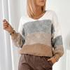 European American French Style Minimalist Contrast Color Stripe V-neck Sweater, Women's Loose Lazy Pullover