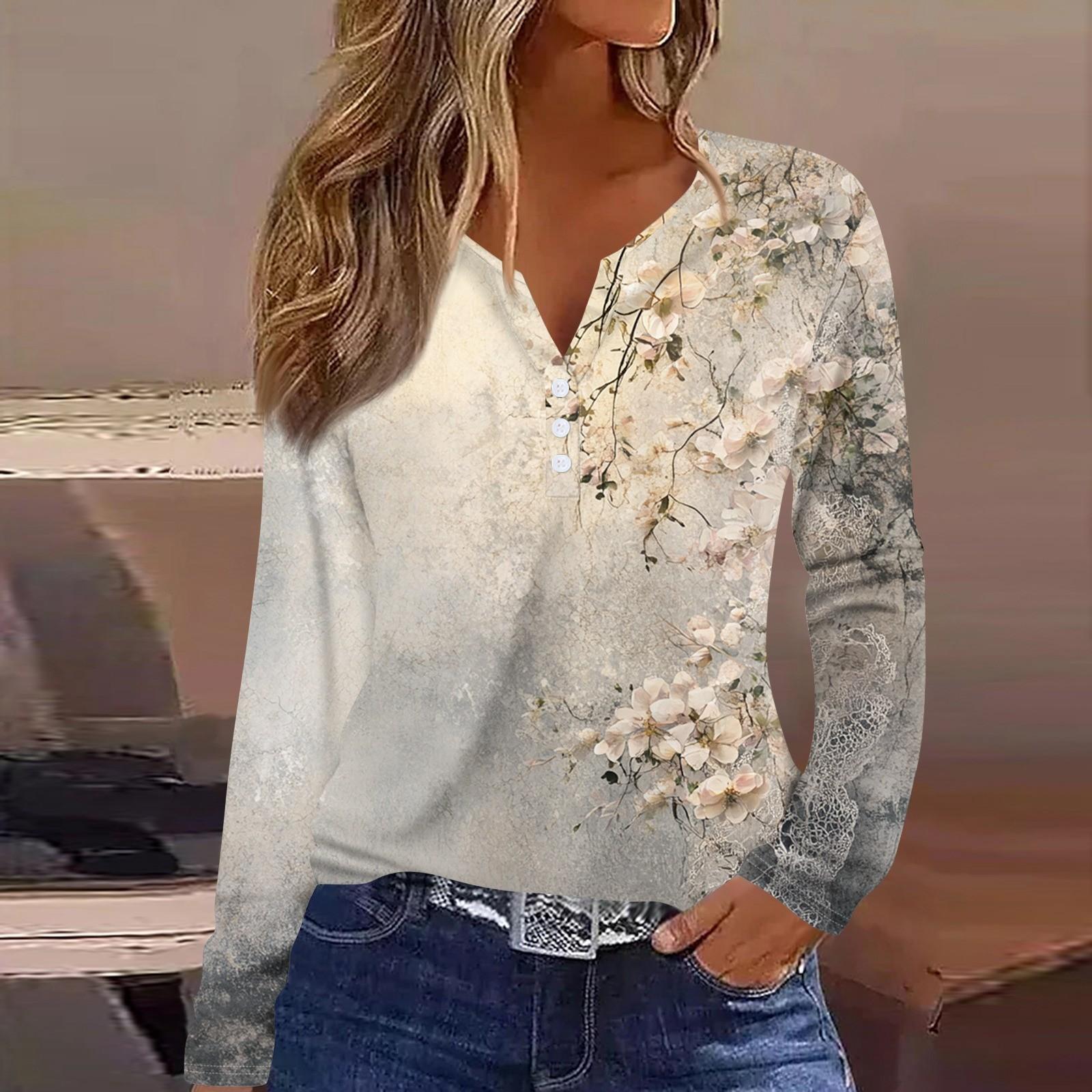 Жен. Футболка Футболка С принтом Пуговицы Длинный рукав Повседневные Выходные Мода — фото 5