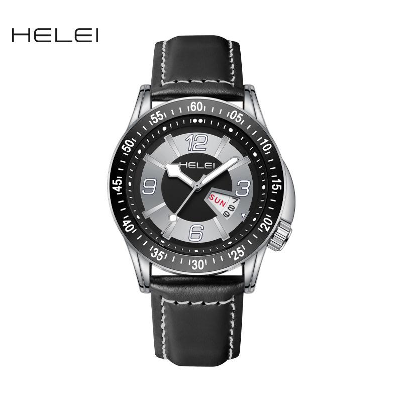 HELEI Men's Luminous Quartz Watch: Waterproof with Genuine Leather Band.