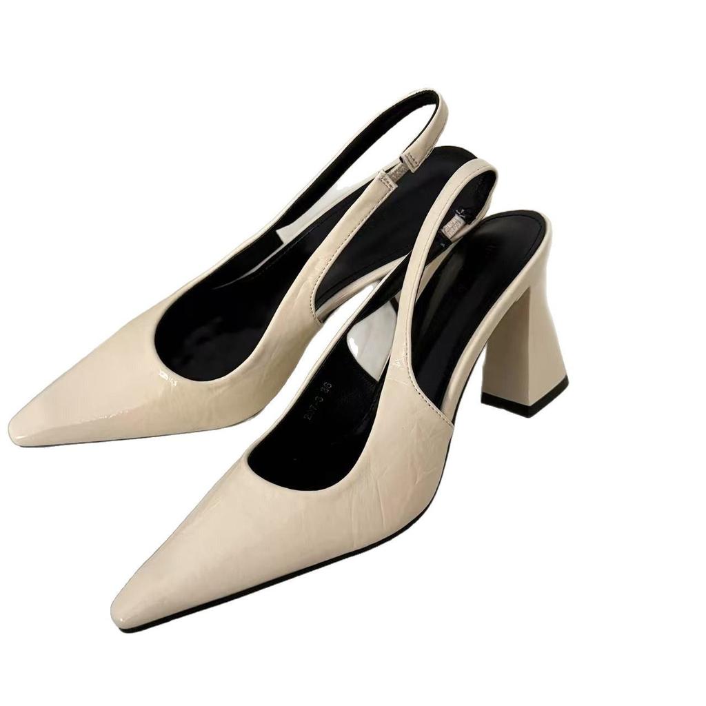 Baotou sandals women's summer 2025 new Korean version commuter high heels French patent leather high-end pointed thick heel single shoes
