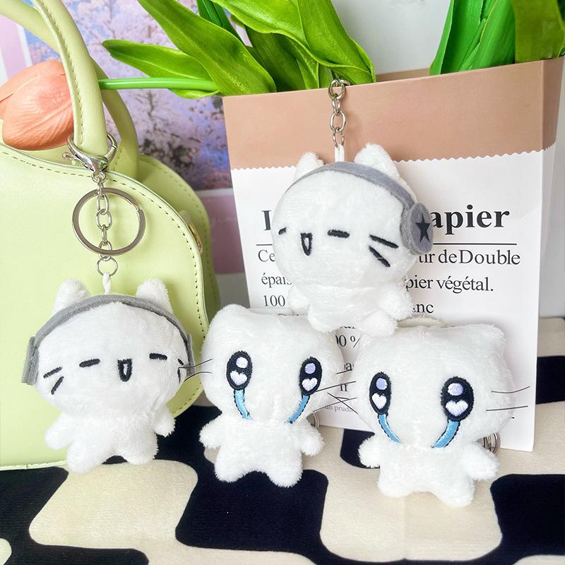 Lindo llavero con forma de pareja de gatitos y auriculares, mini llavero de peluche con forma de gato llorando, colgante para bolso con forma de abeja y perro de dibujos animados, decoración para mochila