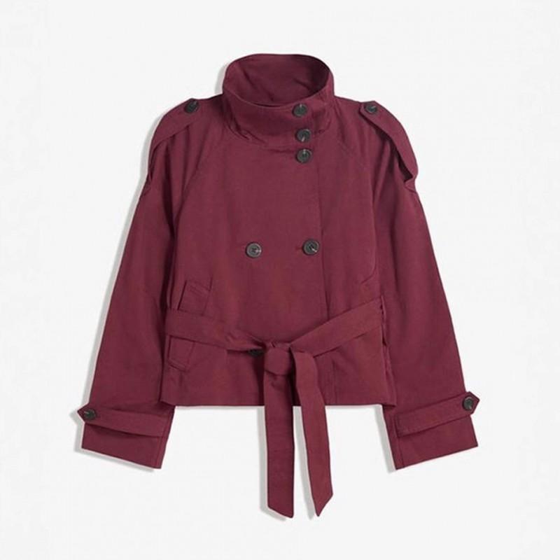 Womens Short Double-Breasted Trench Coat With Collar Tie Belt Loose Fit Long Sleeve Streetwear
