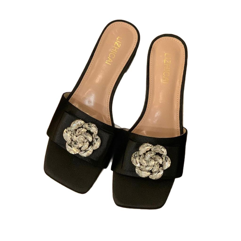 Spring and summer 2025 new one-word slippers women's French low-heeled square head thick-heeled rhinestone buckle temperament Muller shoes