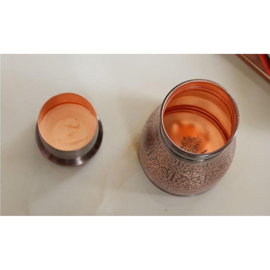 Pure Copper Bedroom Water Bottle with Inbuilt Glass, Dark Embossed Design, Bedside Carafe, Ayurvedic Health Benefits, 950 ML (Pack of 1)