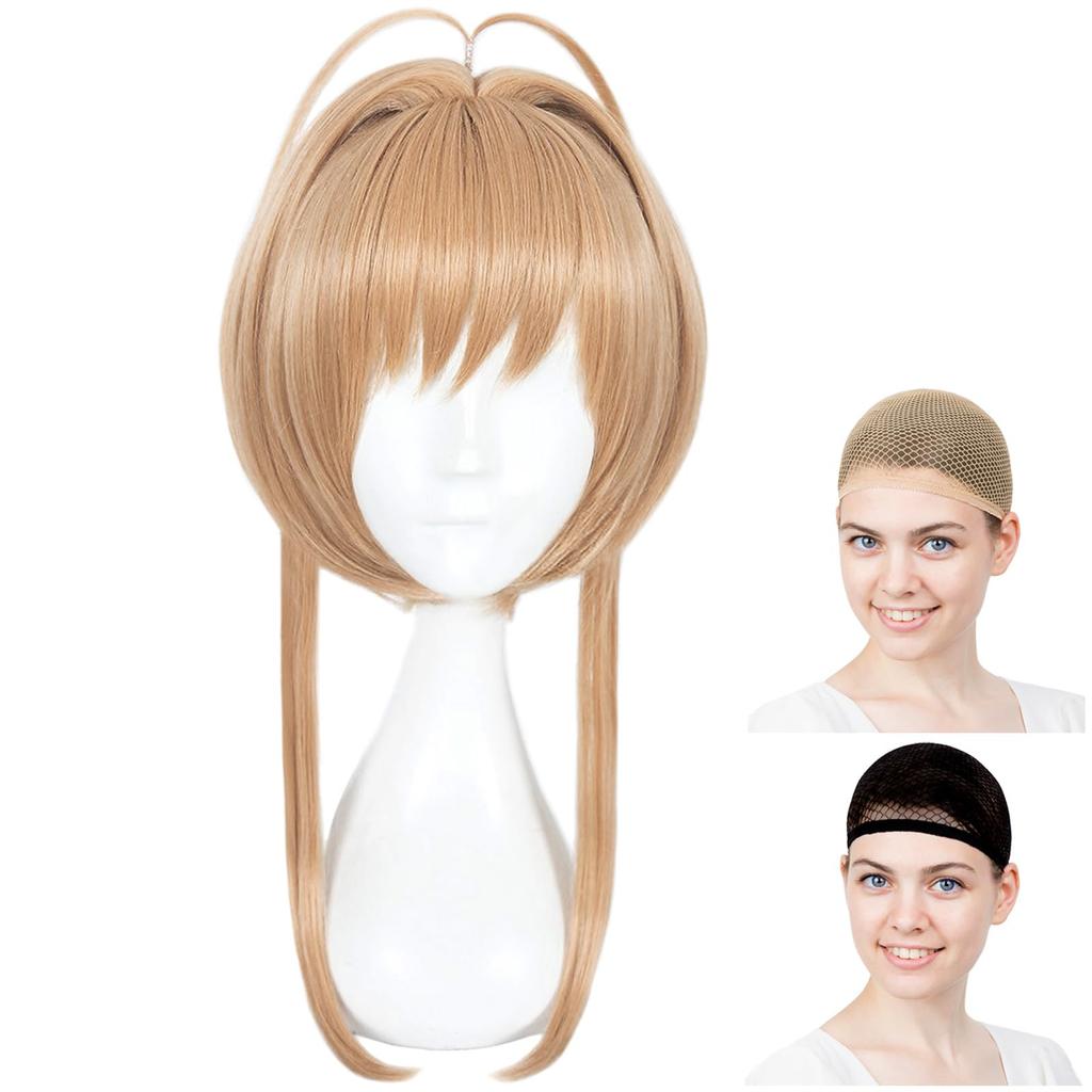 CaseEden Cosplay Wig, Medium Length, Ahoge, Center Part, Heat Resistant, Light Brown, WIG6022