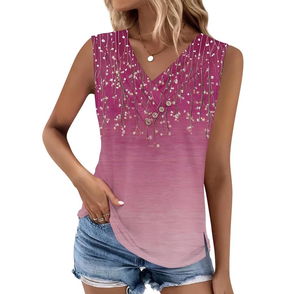Women's Print Tank Top Button-down V-neck T-shirt Sleeveless Loose Fashion Top