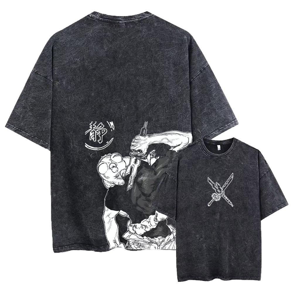 Men and Women Anime Printed Washed Short Sleeve Retro Sports Fitness Short Sleeve Loose