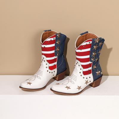 Botines Cowboy Western para Mujer Bandera de EE. UU. Botines al Tobillo Denim Tachuelas Remaches Bordado Estrellas Rayas Zapatos con Tacón Nuevo Calzado 2024