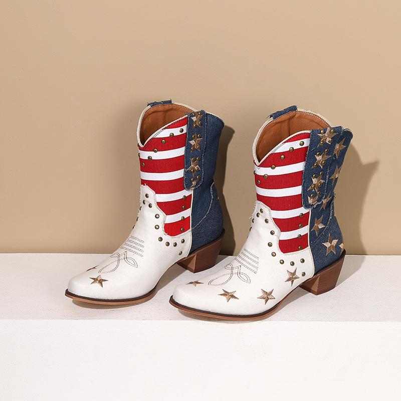 Women's Cowboy Western Boots USA Flag Ankle Booties Denim Studded Rivets Embroidery Stars Stripes Heeled Shoes 2024 New Footwear