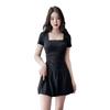 Black Square Neck Mini Dress Womens French Chic A-Line Wrap Waist Short Sleeve