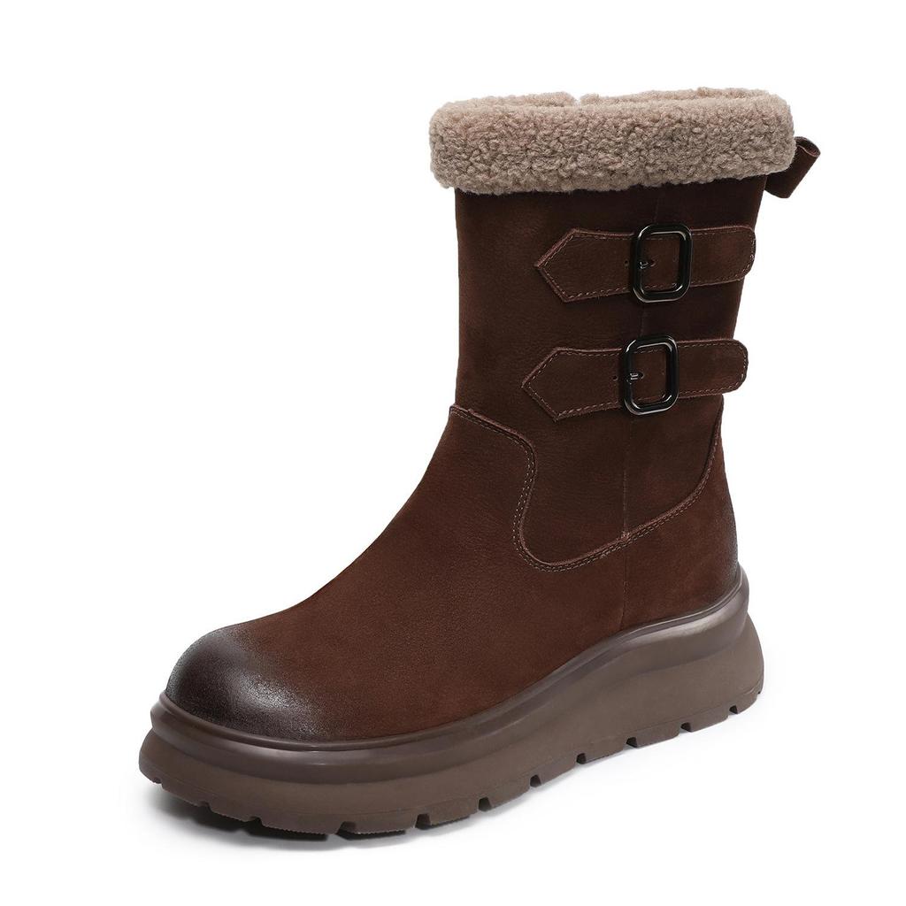 Johnature Anti Slip Thick Soled Snow Boots Belt Buckle Plush Warm Genuine Leather Women's Mid-calf Boots