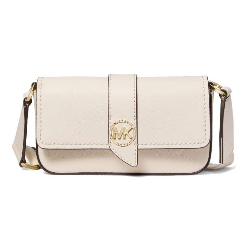 MICHAEL KORS Greenwich solid color gold letter logo logo flap leather shoulder crossbody bag extra small women s cream white