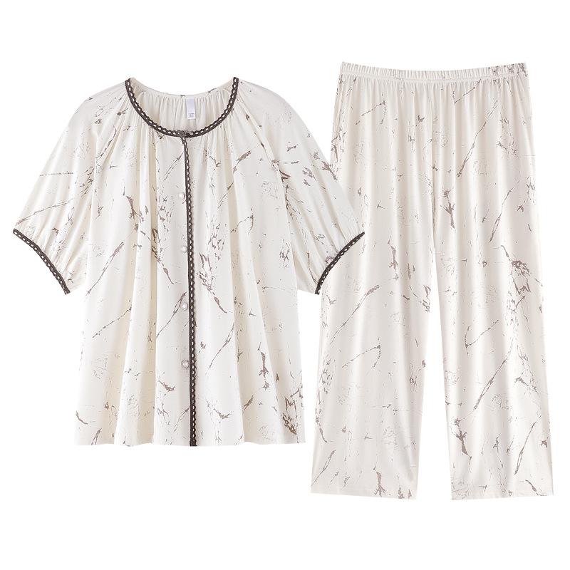 Pajamas Women's Summer Modal Short Sleeve Cropped Pants Women's Summer 1011 New Ice Silk Mom Loungewear