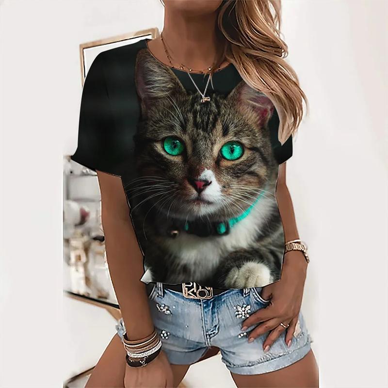 Fashion Women T Shirts 3D Kawaii Cat Print Tops Summer Famale T-shirt Harajuku Tees O-Neck 2024 Short Sleeves Oversized Clothing