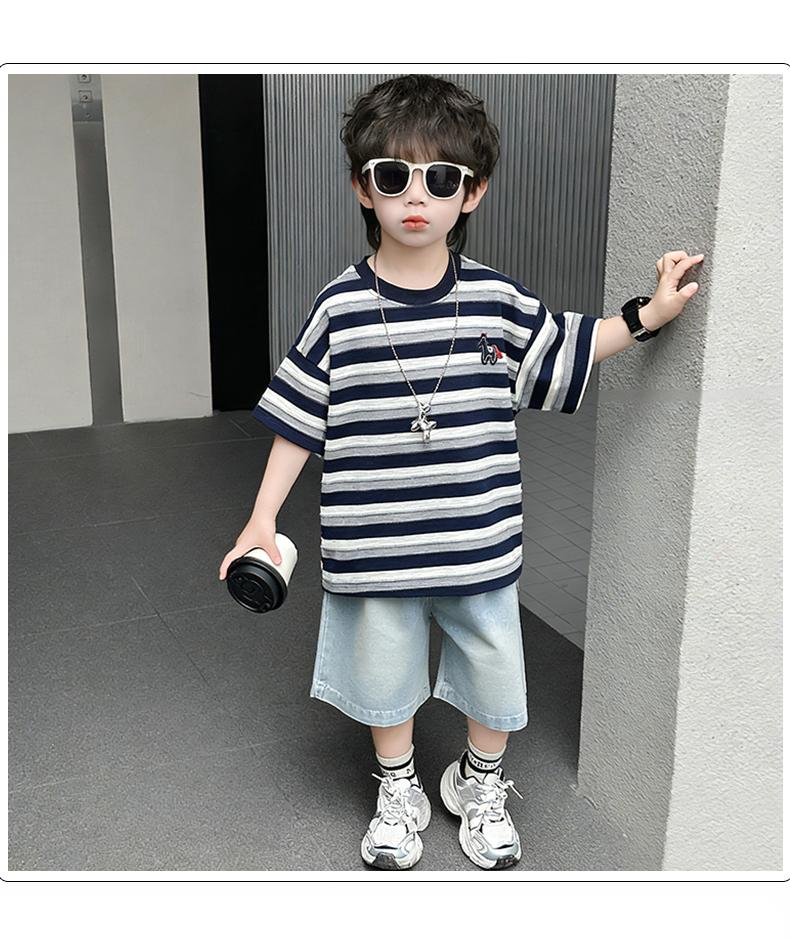 Boys' Summer Striped Short Sleeved Denim Shorts Two-piece Set, Children's Handsome and Versatile Casual Set, Thin