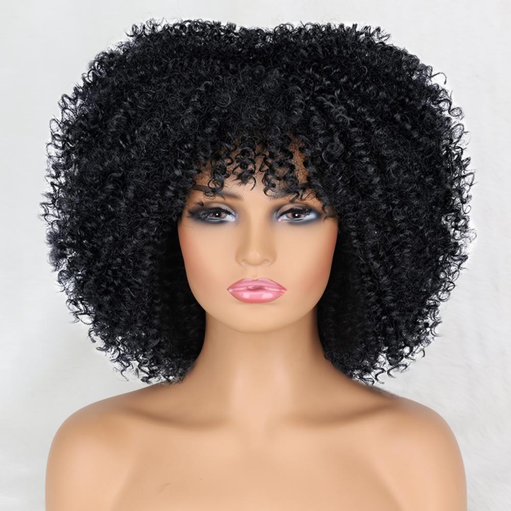 

MISS WIG Короткий вьющийся парик из синтетического термостойкого волокна, черный, коричневый, с челкой, афро-градиентные парики для косплея 14inches