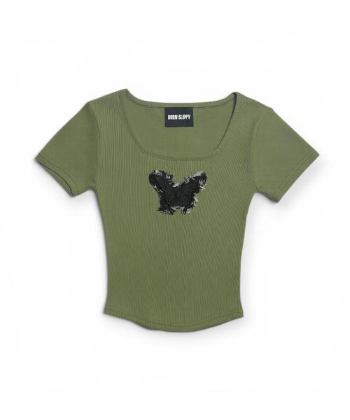Bonseullipi Frayed Butterfly Square Neck T-Shirt (Green)
