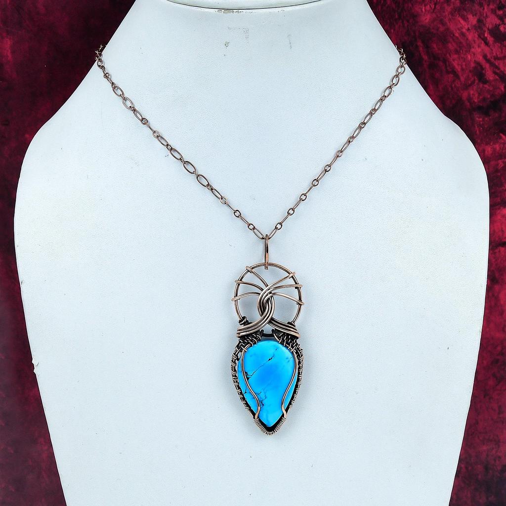 Tibetan Turquoise Pendant Copper Wire Wrapped Handmade Pendant Gemstone Jewelry