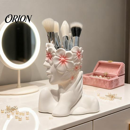 Artistic Cosmetic Brush Cup Storage Box, with Side Face Design, Nordic Style Versatile Makeup Minimalist Container Holder, for Bedroom Dressing Table