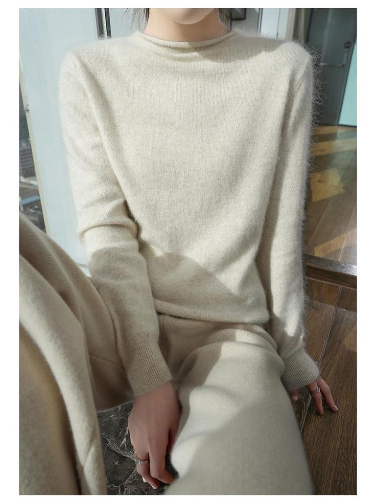 Sweter damski z kaszmiru norkowego 2025: Półwysoki dekolt, dzianinowy pulower z rolowanym brzegiem na wiosnę i jesień