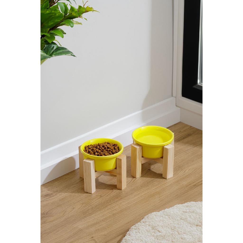 Ceramic Cat Dog Food And Water Bowl With Wooden Stand 2 Pieces Decorative Raised
