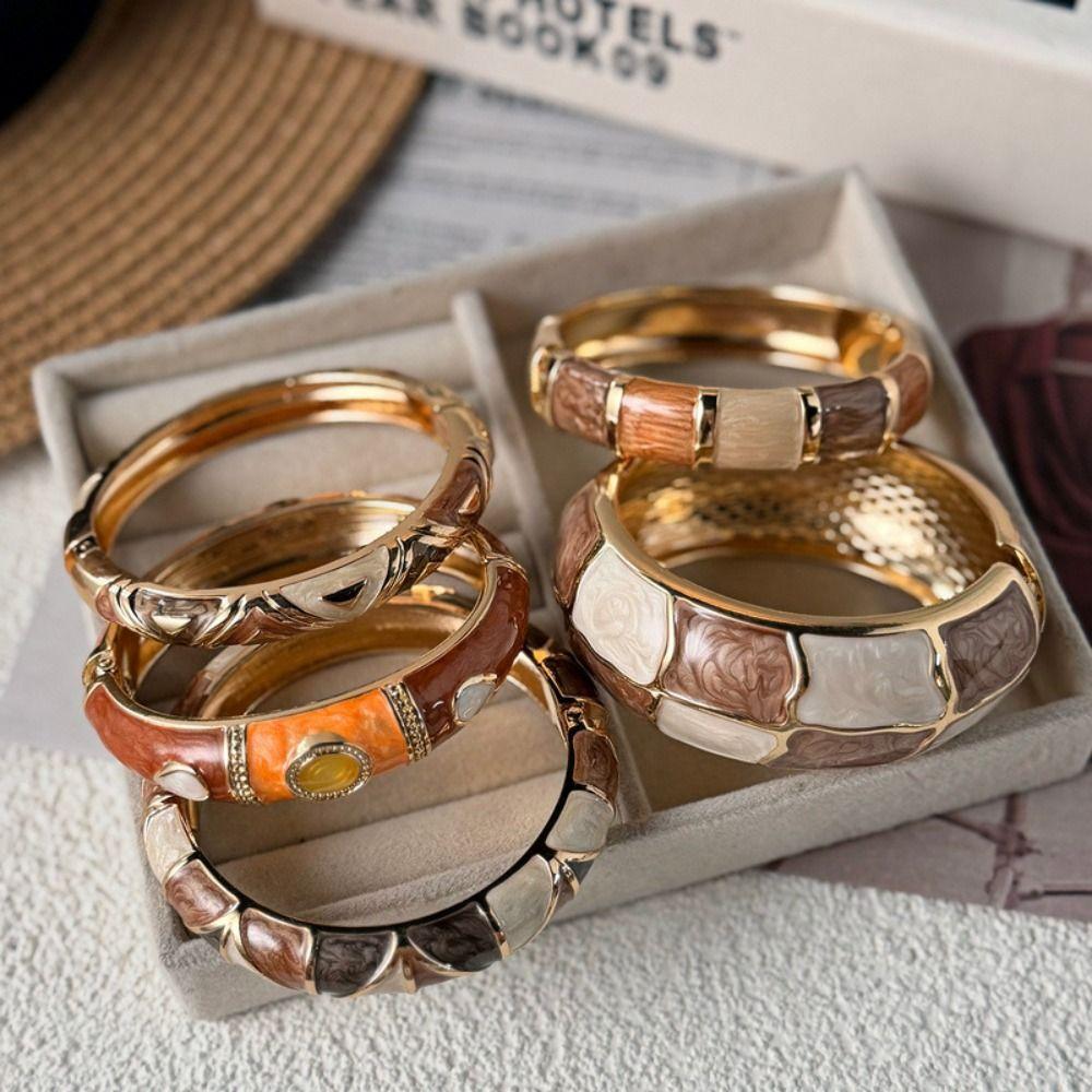 Geometric Striped Vintage Coffee Brown Enamel Wide Cuff Bracelet Open Bracelet Daily Party