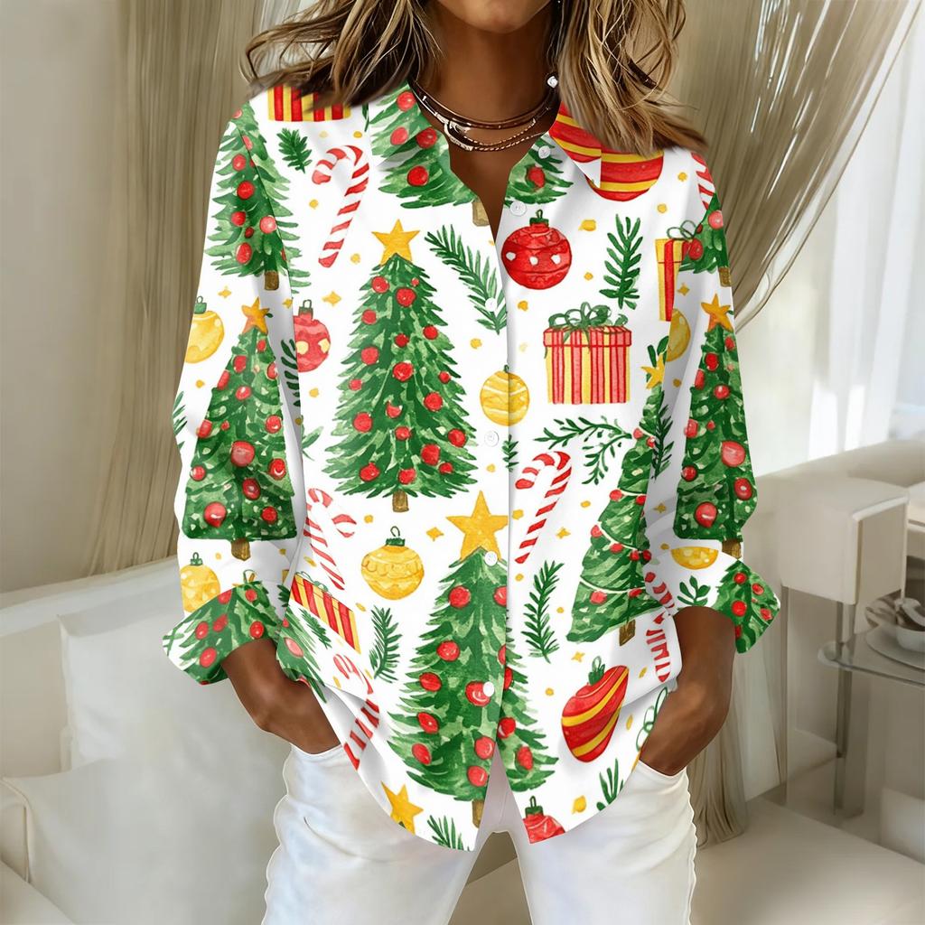 Women's Casual Christmas Print Long Sleeve Cardigan Top for Holiday Festive Wear