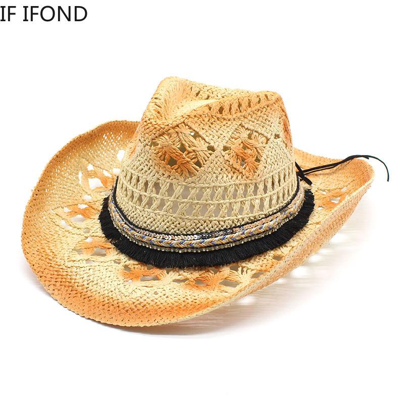 Retro Damen Herren Sommer Sonne Stroh Cowboy Western Cowgirl Hut aushöhlen Strand breite Krempe Rettungsschwimmer Hüte