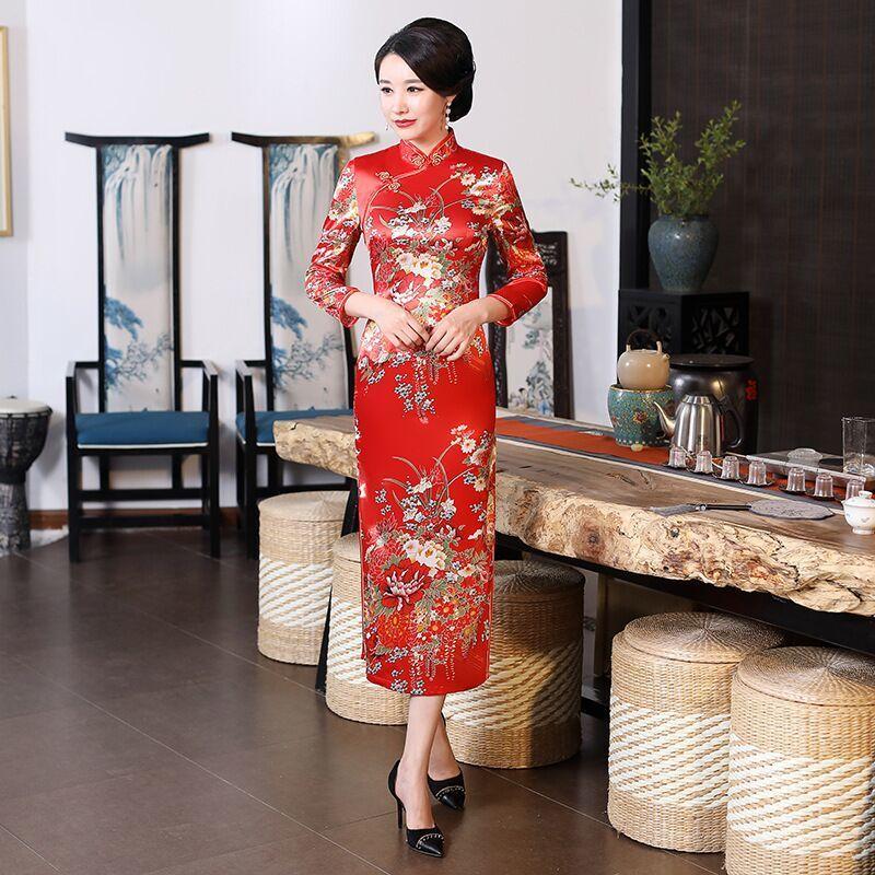 Stil chinezesc cu mâneci trei sferturi Qipao satin cheongsam broderie florală rochie clasică de petrecere de seară de nuntă rochie de damă cu plante mătăsoase