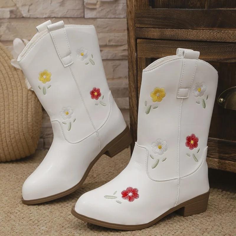 Girls Leather Boots Autumn Winter Kids Embroidered Mid-calf Boots  Sweet Elegant Children  Causal Boots Pointed Toe